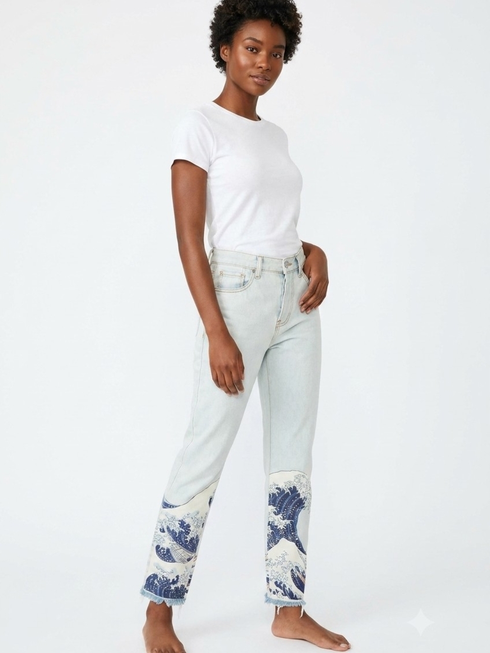 MNML Light Wash Straight Leg Jeans with Blue Wave Hem